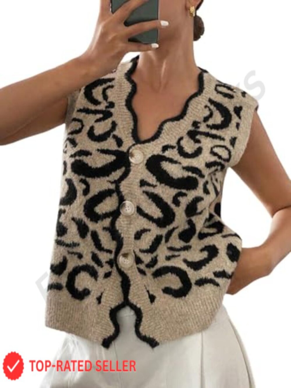 Leopard Print Button Down Sweater Vest V Neck Scallop Trim Knit Top